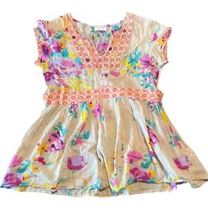 Funky People  Floral Cotton Tunic Top Sequin V-Neck Boho Back Tie Multicolor